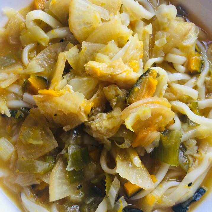 かぼちゃとネギと油揚げの煮込みうどん